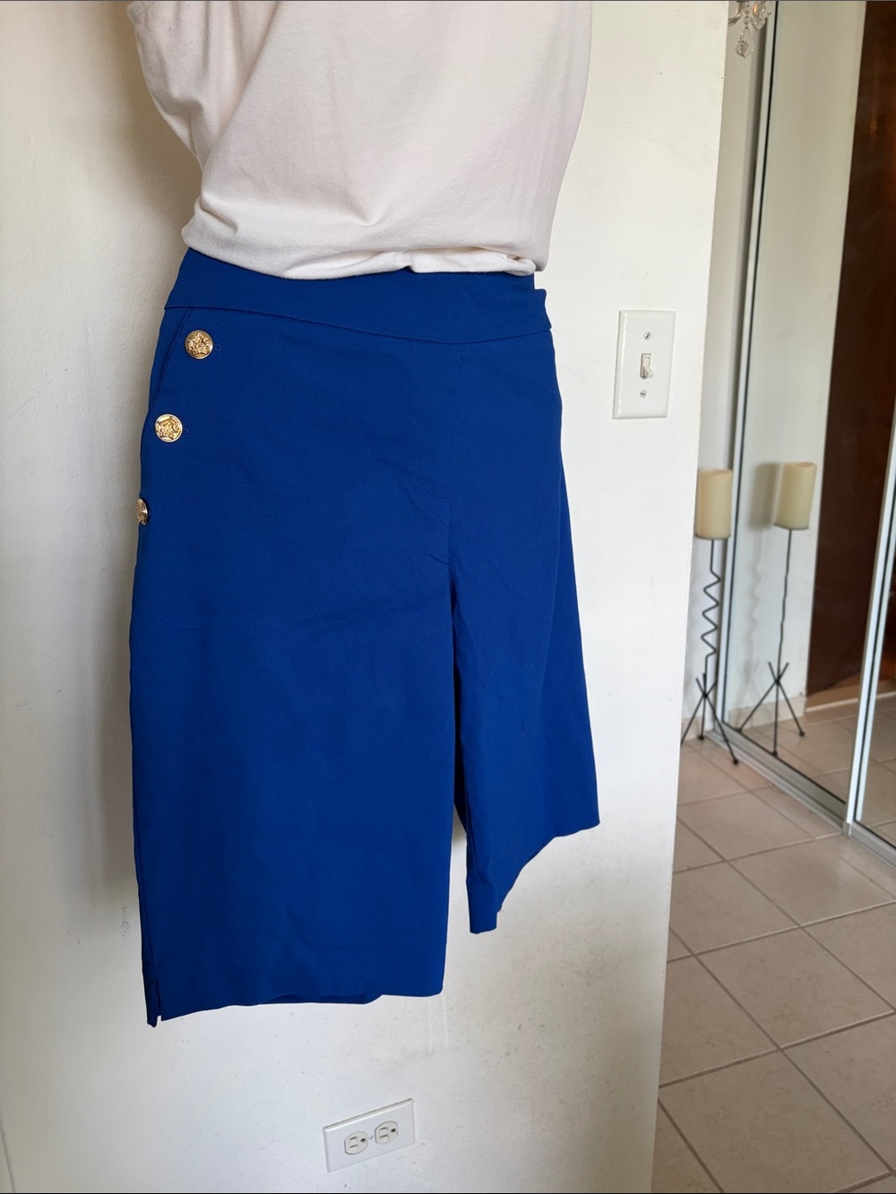 Liz Claiborne Royal Blue Asymmetric Bermuda Shorts with Gold Buttons